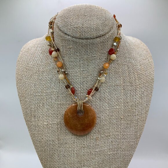 Lia Sophia Pumpkin Spice Multi Strand Beaded Round Aventurine Stone Necklace - Picture 4 of 6